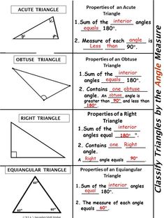 three different types of triangles and their corresponding angles are shown in this worksheet