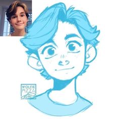 a drawing of a boy with blue hair and an image of the same person's face