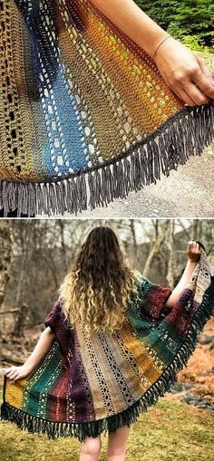 two pictures of a woman with long hair wearing a colorful crocheted shawl