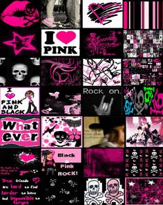 a collage of pink and black wallpapers with skulls, hearts, stars