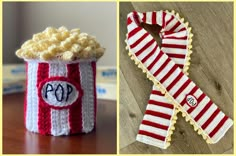 there are two pictures one has a red and white popcorn box, the other has a striped scarf