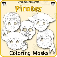 three children's pirate masks with the words, pirates coloring masks on them and an owl