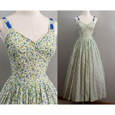 "This is just the most darling late, 30s early 40s cotton summer dress. The dress is made of light almost lawn cotton printed with beautiful blue and yellow roses with stems. The gown is sleeveless with thinner straps that have royal blue grosgrain ribbon running through them. The bust is a pointed sweetheart style and is gathered at the center. It is fitted throughout the bodice with a side metal zipper to help get the dress over the head. The skirt is very full and is gathered at the waistline Spring Yellow Vintage Dress For Daywear, Yellow Vintage Summer Dress For Daywear, Blue Cotton Vintage Summer Dress, Blue Retro Vintage Cotton Dress, Vintage Yellow Floral Print Dress, 1930's Dresses, Under The Skirt, 40s Dress, Future Clothes