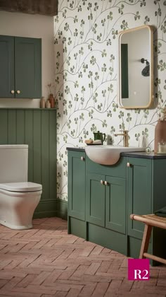 Available in either nordic green, fossil, stone grey natural white or midnight grey, these muted tones complement the elegant shaker design and deliver timeless styling. Modern Country Bathrooms, Green Bathroom Tiles, Green Bathrooms, Country Bathrooms, Green Bathroom Ideas, Green Tile Bathroom, Green Bathroom Furniture, Green Backsplash, Fitted Bathroom Furniture