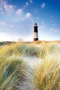 a light house sitting on top of a grass covered hill next to tall grass and blue sky