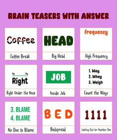 a poster with different types of words and phrases for brainteaers with answer sheet