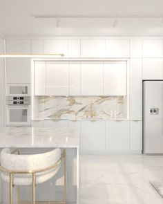 a white kitchen with marble counter tops and gold barstools in front of the refrigerator