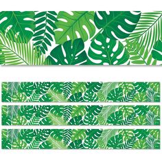 three green tropical leaves on white background, each with different shapes and sizes in the same pattern