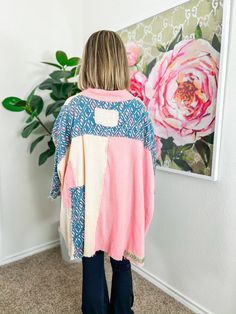 This oversized button-down bursts with a vibrant blue and pink color combo, spiced up with eclectic patchwork designs. Its flowy fit and raw hem create an effortlessly chic boho vibe that's perfect for a sunny brunch or a relaxed weekend getaway. Pair it with your favorite jeans or a sleek skirt to dress it up or down PRODUCT FIT - TRUE TO SIZE MODEL DETAILS - BRENNA IS WEARING A SIZE SMALL/MEDIUM, 5'3" CAROLINE IS WEARING A SIZE MEDIUM/LARGE, 5'10" FABRIC CONTENT - 100% COTTON CARE INSTRUCTIONS Skirt To Dress, American Made Clothing, Swimsuit Jewelry, Patchwork Clothes, Upcycle Clothes Diy, Preppy Clothes, Vacay Outfits, Boutique Clothes, Clothing Pieces