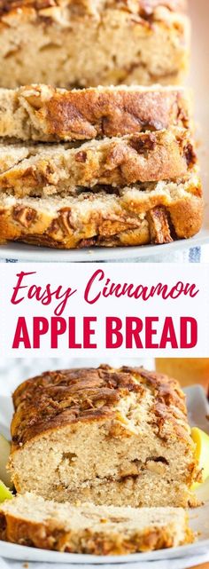 an easy cinnamon apple bread is cut into slices and stacked on top of each other