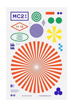 an orange and blue poster with different shapes on it's back side, including the words mc2