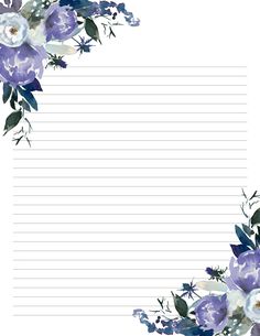 an empty notepad with purple flowers and green leaves on the bottom, along with lined paper