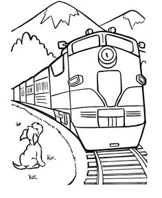 a black and white image of a train going down the tracks with a dog sitting next to it