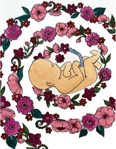 a drawing of a baby laying on its back surrounded by flowers