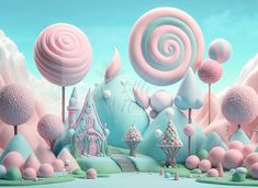 an animated landscape with pink and blue candy land