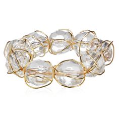 a bracelet with clear glass beads and gold metal wire closures on the clasp, set against a white background