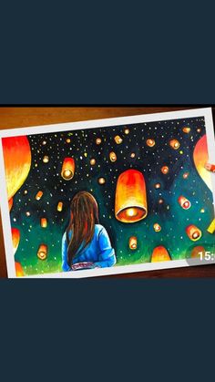 a painting of a girl looking at lanterns in the sky