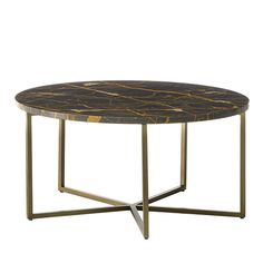 a black marble coffee table with gold metal legs and an oval shaped design on the top