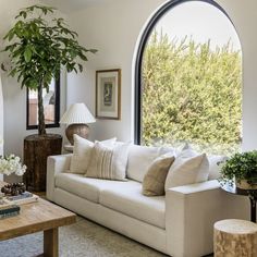 a living room filled with furniture and a large window covered in plants next to a table