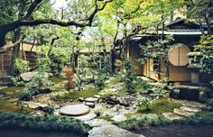 an outdoor garden with rocks and trees