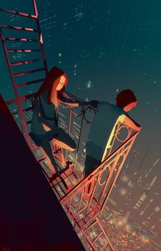 two people standing on top of a metal stair case in front of a cityscape