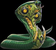 a green snake with yellow eyes on it's head and its tail curled up