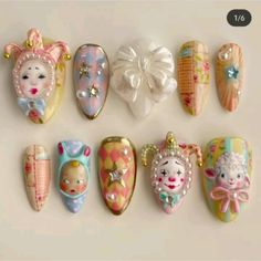 Clown Core Nails, Pastel Jester, 4d Nail Art, Clowncore Fashion, Circus Nails, Fake Nails Designs, Pretty Gel Nails, Modern Mansion