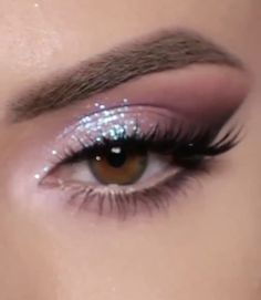 Lilac Glitter Eyeshadow, Prom Makeup Looks For Lilac Dress, Light Purple Glitter Eyeshadow, Prom Makeup For A Purple Dress, Lilac Prom Dress Makeup, Purple And Silver Eye Makeup Simple, Glitter Makeup Purple, Prom Make Up Purple, Light Purple Natural Makeup