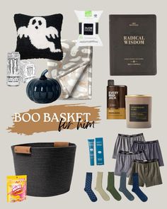 the contents of a halloween gift basket are arranged on a gray background with text that says boo baket for men