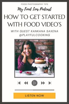 a woman sitting at a table with a cake in front of her and the words how to get started with food videos