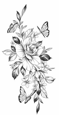 black and white drawing of flowers with butterflies