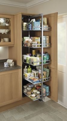 an open pantry with lots of food in it