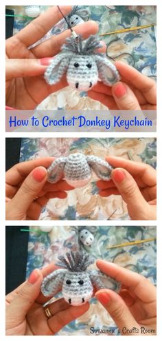 crochet donkey keychain is shown in three different pictures and the text, how to crochet donkey keychain