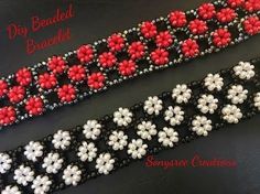 two beaded bracelets with red, white and black flowers on each one side