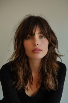 Transform Your Look: 21 Stunning Medium Haircuts with Bangs Mid Bangstyle Hair, Fringe Layered Hairstyles, Medium Bangs With Medium Hair, Hairstyle Long Bob With Bangs, Medium Textured Haircut With Bangs, Loose Bangs Short Hair, Shag Haircut Brunette, 2025 Bang Trends, Dark Academia Bangs