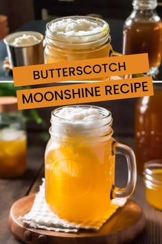 butterscotch moonshine recipe in mason jars on a cutting board