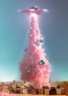 an alien flying over a pink christmas tree in the middle of a desert area with other objects around it