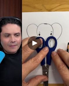 two pictures with scissors and an elephant drawn on paper next to the same photo, one is