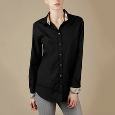 100% Authentic | Mrsp: $675 Brand New In Original Package Size: Us 6 | Uk 8 | Ita 40 | Ger 36 Color: Black & Nova Check Plaid Features: 96% Cotton. 4% Elastine Button Up Closures. Curved Shirt Tail Hem. Long Sleeves With Single Button Closure, Shirt Tail Hem. Signature Burberry Nova Check Plaid Trim At Collar & Cuffs. Can Be Rolled Up To Show Trim Or Down With White. Elegant Shirt With Roll-up Sleeves And Spread Collar, Designer Black Shirt With Button Cuffs, Designer Black Shirt With Button Closure, Designer Workwear Shirt With Button Cuffs, Luxury Black Shirt For Spring, Luxury Black Long Sleeve Blouse, Black Shirt With Buttons And Fold Down Collar, Black Shirt With Fold Down Collar, Luxury Button-up Office Shirt