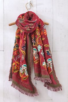 Create your own warmth with this soft, spice-hued jacquard scarf. Lavishly hand-embroidered, with space-dyed yarns for a rich, multicolored effect. Beautifully festive and artisan-inspired, with raw-edge fringe all around. Winter Festive Embroidered Scarves, Bohemian Embroidered Multicolor Shawl, Bohemian Embroidered Multicolor Scarves, Bohemian Multicolor Embroidered Shawl, Bohemian Multicolor Embroidered Scarves, Multicolor Embroidered Bohemian Scarves, Bohemian Embroidered Scarves, Bohemian Scarves With Multicolor Embroidery, Bohemian Embroidered Winter Shawl