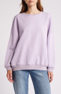 Minuscule flecks of color add depth to an oversized and cozy cotton-blend fleece sweatshirt kissed with linen. Crewneck Long sleeves Ribbed cuffs and hem 74% cotton, 13% polyester, 8% modal, 5% linen Machine wash, dry flat Made in Portugal Oversized Comfortable French Terry Top, Oversized Cozy French Terry Top, Trendy Purple Sweatshirt In Relaxed Fit, Purple Trendy Sweatshirt With Relaxed Fit, Trendy Purple Sweatshirt With Relaxed Fit, Basic Drop Shoulder Sweats For Fall, Oversized Relaxed French Terry Top, Oversized Comfortable Cotton Sweater, Relaxed Crew Neck Spring Sweatshirt