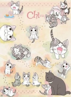 a poster with cats on it and the words chi in different languages, including one cat