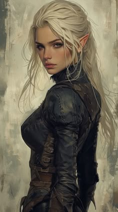 a painting of a woman with blonde hair and leather outfit, standing in front of a grungy background