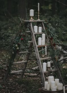 candles are arranged on an old ladder in the woods