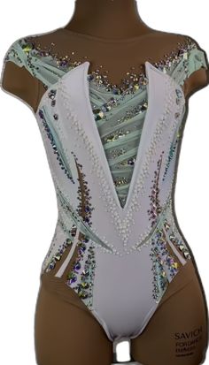 a woman's bodysuit with sequins and beads on the chest, front view