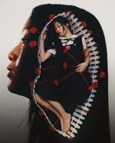 a woman's face is made up of paper flowers and strings as she sits in front of her head