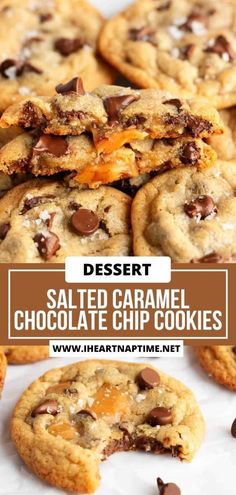 salted caramel chocolate chip cookies stacked on top of each other with text overlay