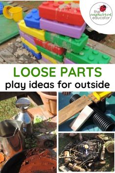 several different pictures with the words loose play ideas for outside