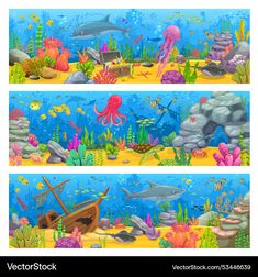 two banners with an underwater scene and sea animals