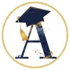 a graduation cap and tassel on top of a blue letter in a gold circle